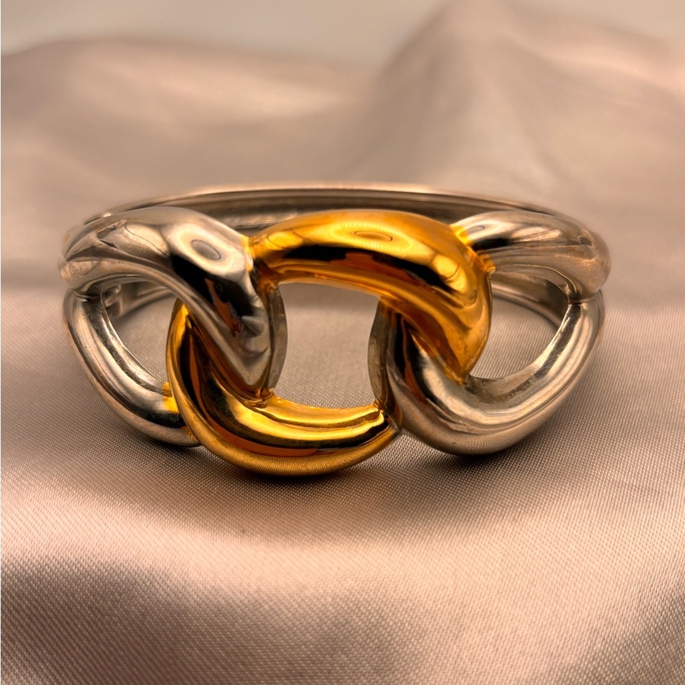 Bold Two-Tone Link Hinge Cuff Bangle Bracelet - Picture 6 of 12